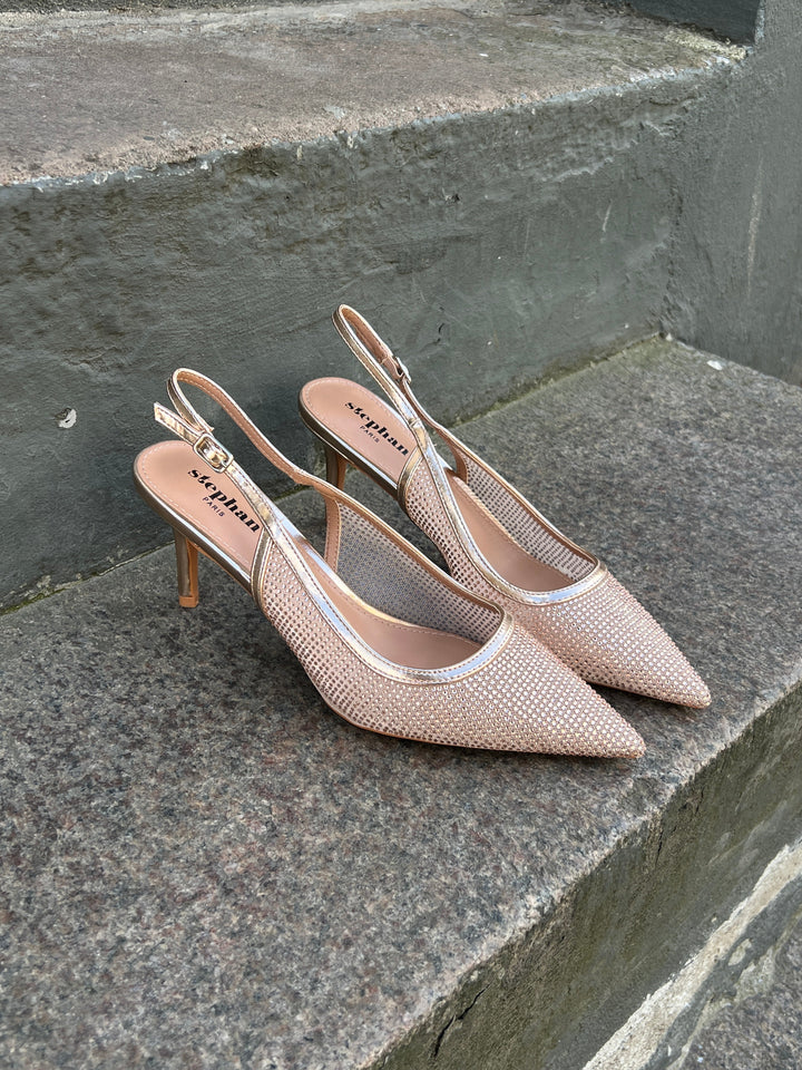 Ariana Sparkling Mesh Slingback Heels - Champagne