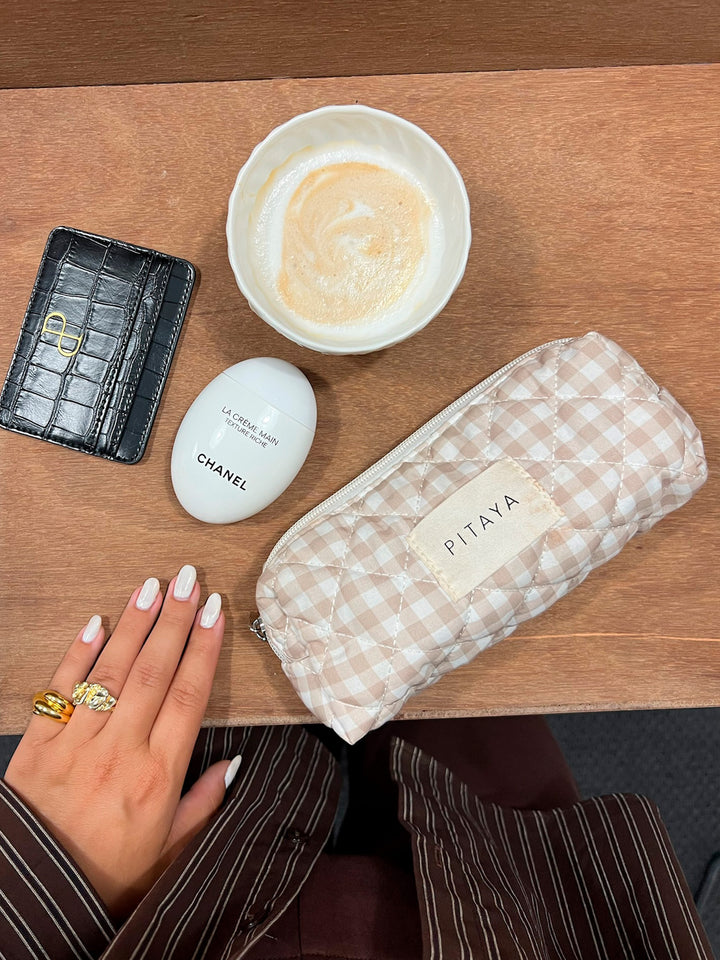 Small Makeup Bag - Beige Checker